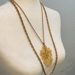 Vintage Gold Tone 2 Strand Large Pendant Necklace 26"